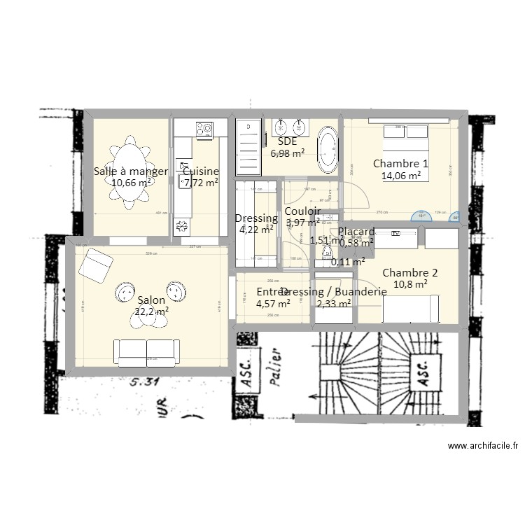 Caulaincourt2. Plan de 13 pièces et 90 m2