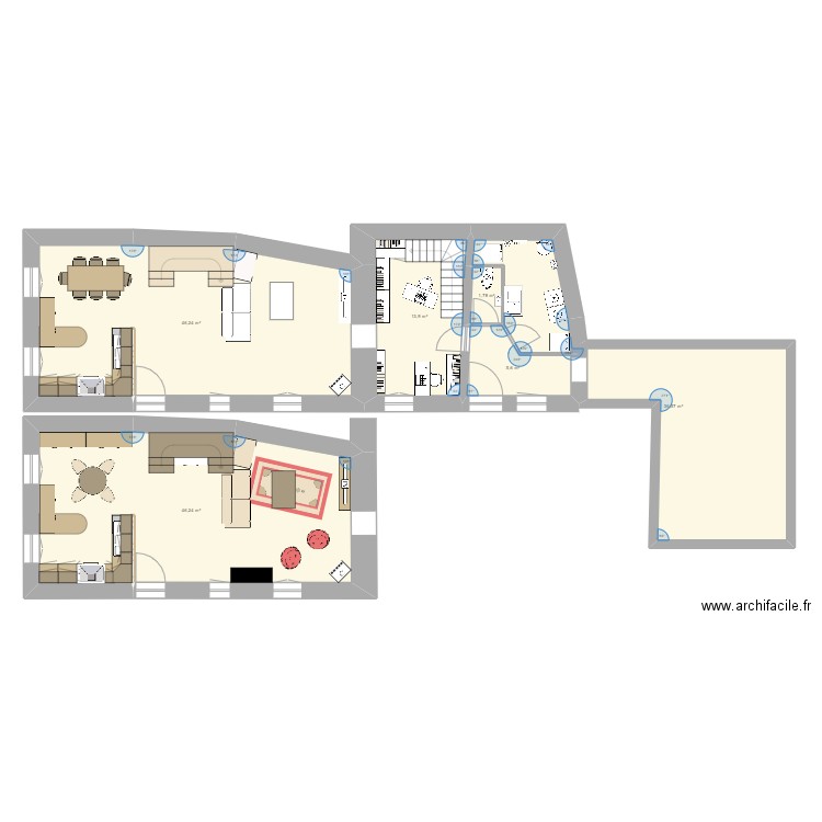 Saint-Léon Bourg - plan réel avec extension + étage. Plan de 24 pièces et 248 m2