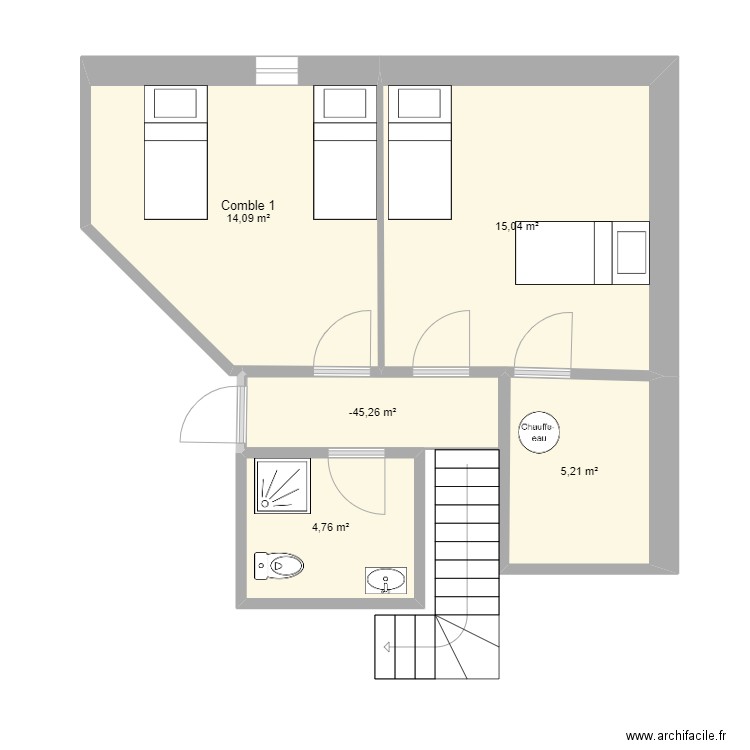 Combles St Matin du Mont existant. Plan de 5 pièces et 43 m2