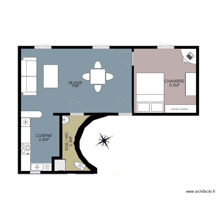 84 LEMERCIER. Plan de 3 pièces et 51 m2