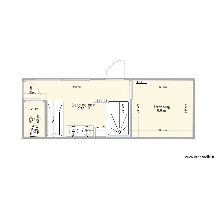 Salle de bain et dressing. Plan de 3 pièces et 18 m2