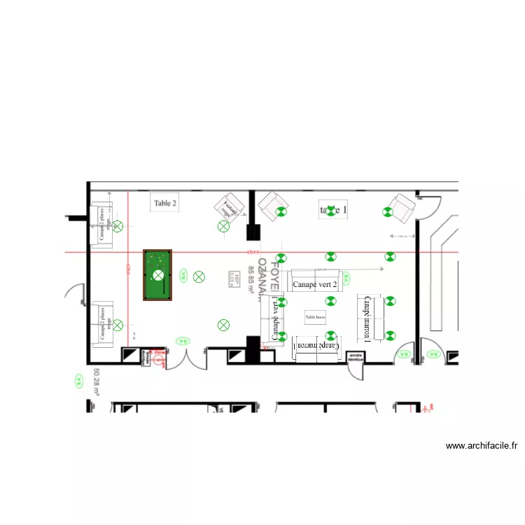 Foyer implantation avec &eacute;clairage v1 spots. Plan de 