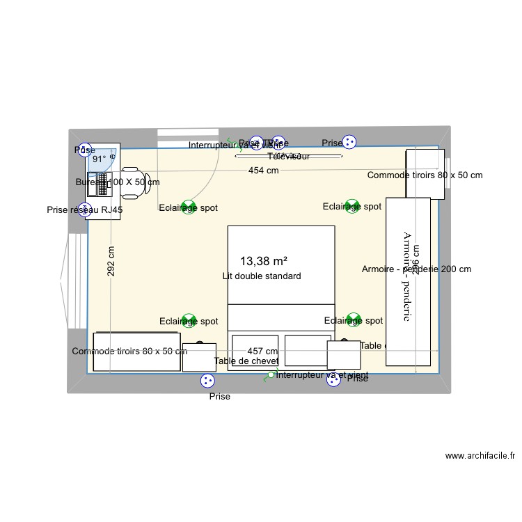 Chambre. Plan de 1 pièce et 13 m2