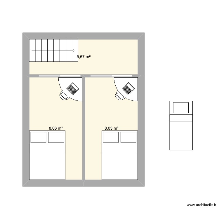 chambres mezzanine. Plan de 3 pièces et 22 m2