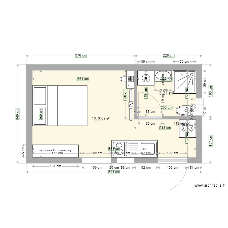 Studio garage. Plan de 2 pièces et 17 m2