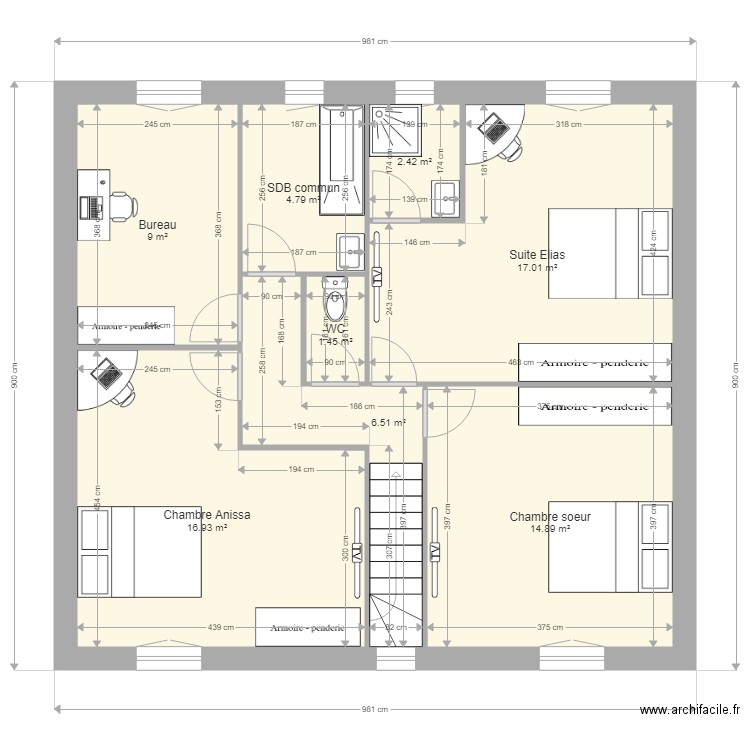 Ben Rais étage. Plan de 8 pièces et 73 m2