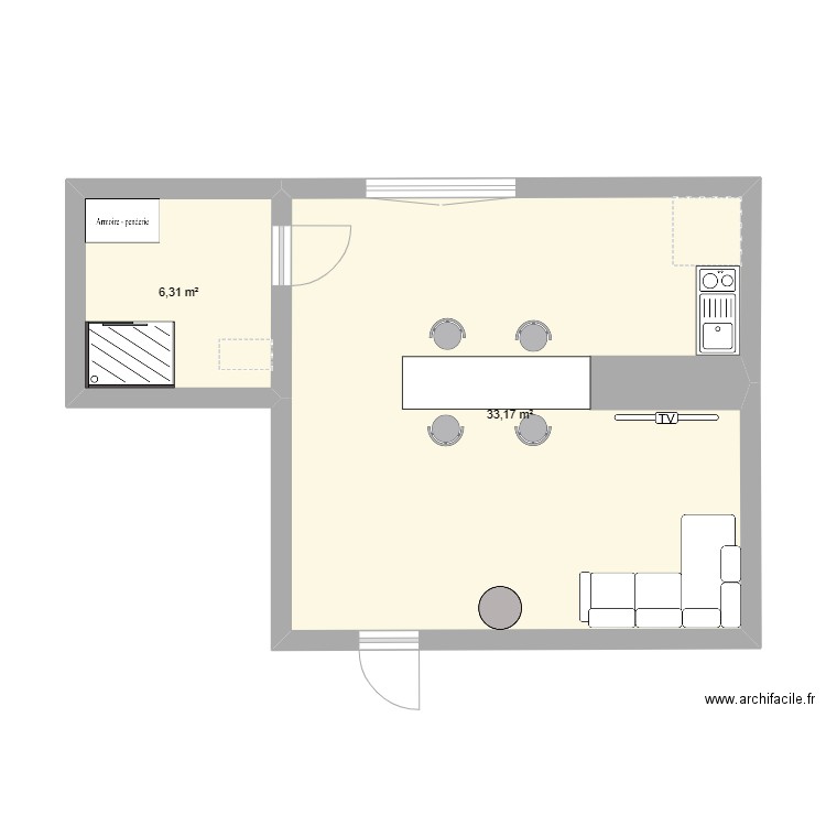 appartement. Plan de 2 pièces et 39 m2