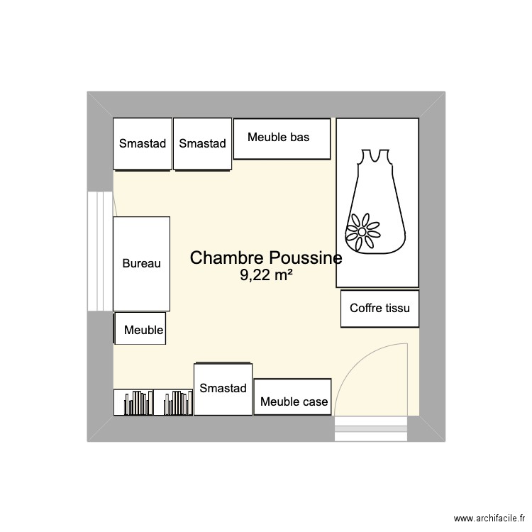 Chambre Poussine. Plan de 1 pièce et 9 m2