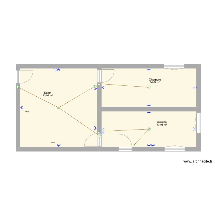 KNX V1. Plan de 3 pièces et 50 m2