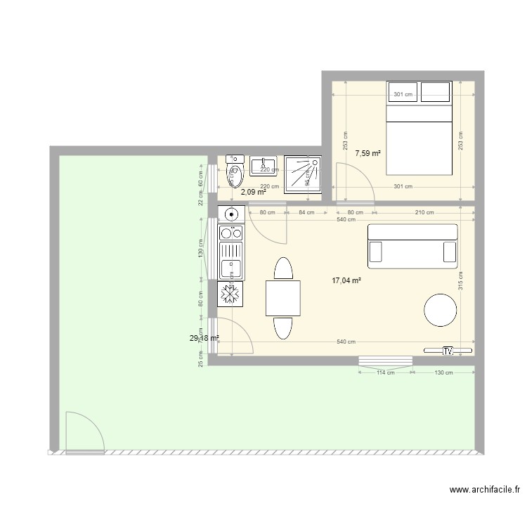 GODCHOT RDC T1 JARDIN. Plan de 4 pièces et 56 m2