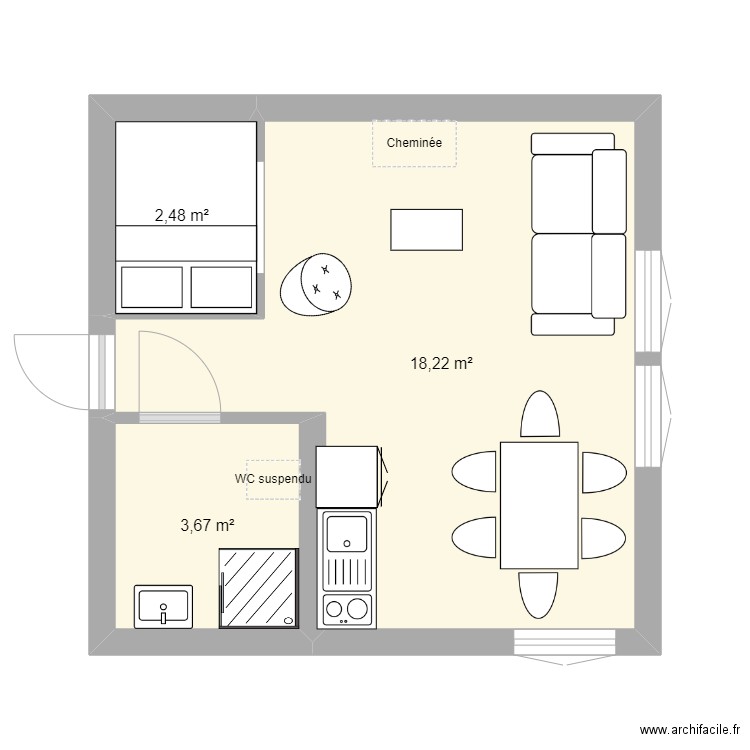 cabane int. Plan de 3 pièces et 24 m2