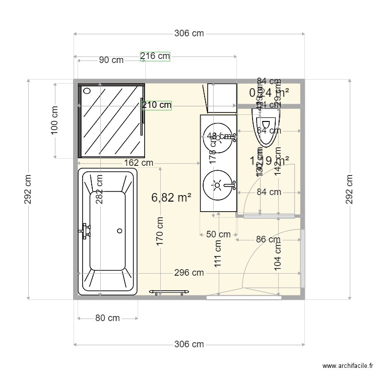 salle de bain 1. Plan de 3 pièces et 8 m2