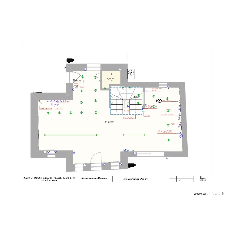 Électricité r0. Plan de 3 pièces et 54 m2