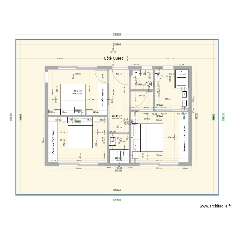 Chambres 6 x 9 mètres étage simulation côté ouest situé à l'étage, escalier à ajouter. Plan de 3 pièces et 180 m2