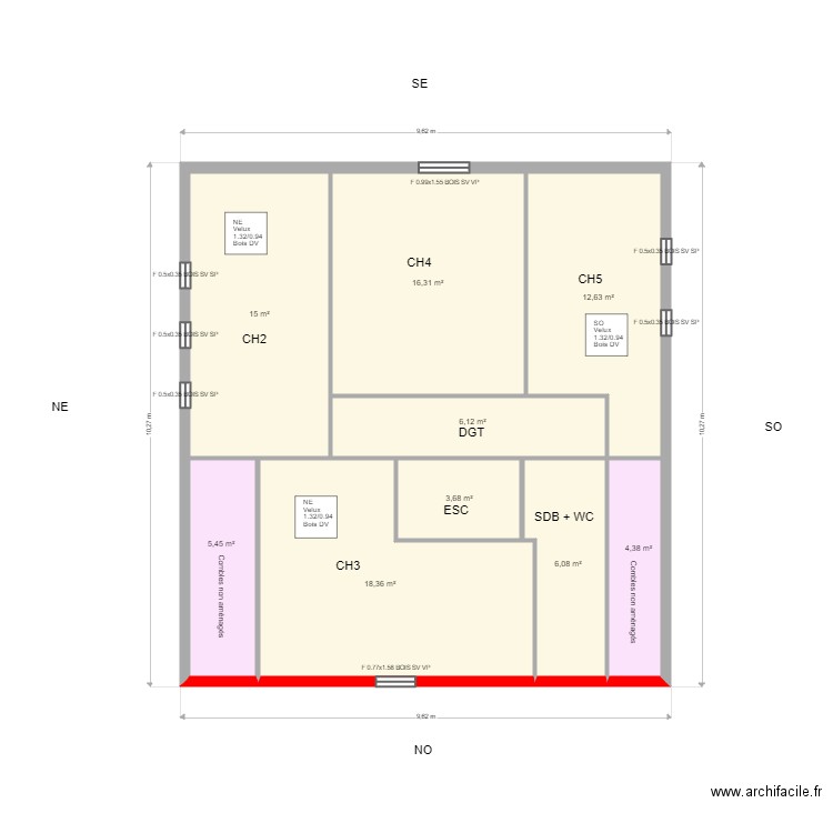 ROBERT étage. Plan de 9 pièces et 88 m2