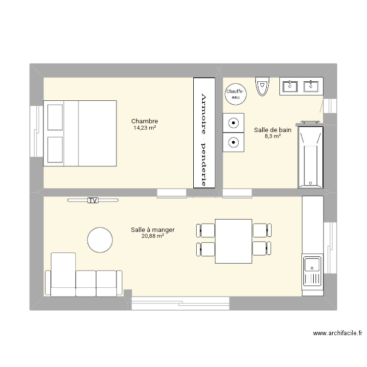 Mumu. Plan de 3 pièces et 43 m2