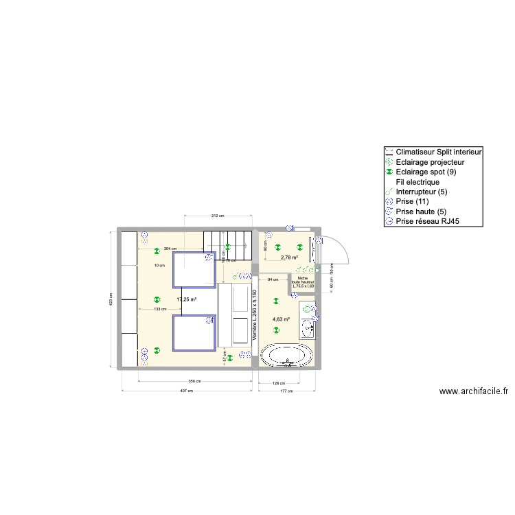 Plan élec suite parentale. Plan de 3 pièces et 25 m2