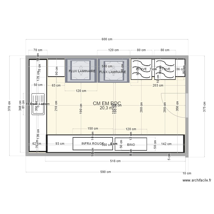 CM EM RDC. Plan de 1 pièce et 20 m2