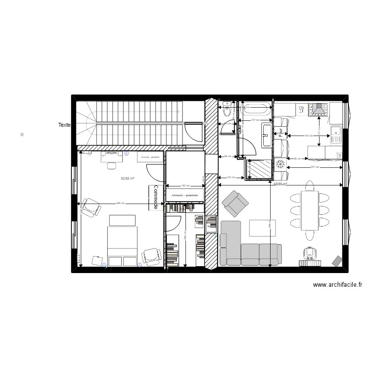 appart 2eme etage grande chambre modif SDB et poele. Plan de 3 pièces et 86 m2