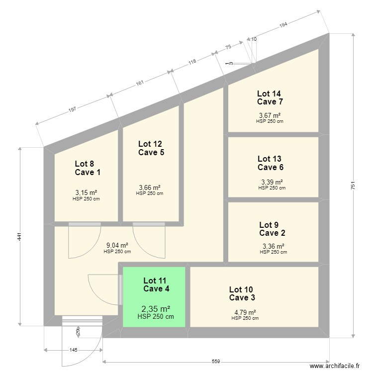 plan 7 cavesmodifié. Plan de 8 pièces et 33 m2