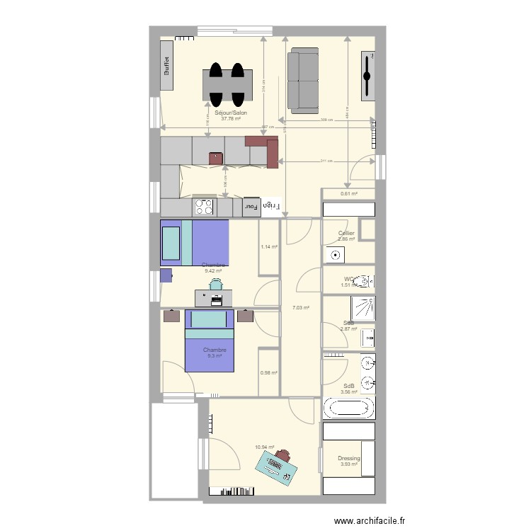 Appartement cuisine ouverte sans terrasse. Plan de 0 pièce et 0 m2