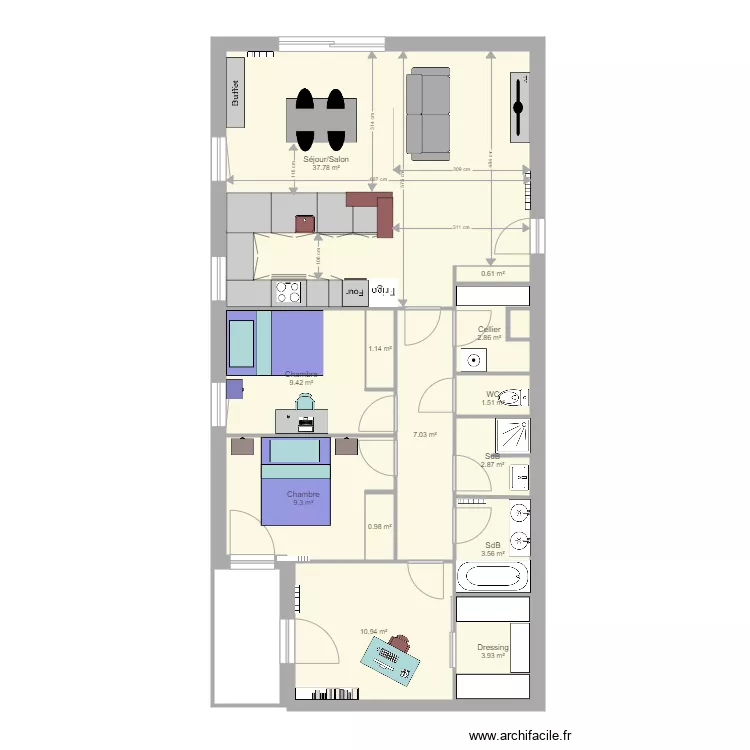 Appartement cuisine ouverte sans terrasse. Plan de 