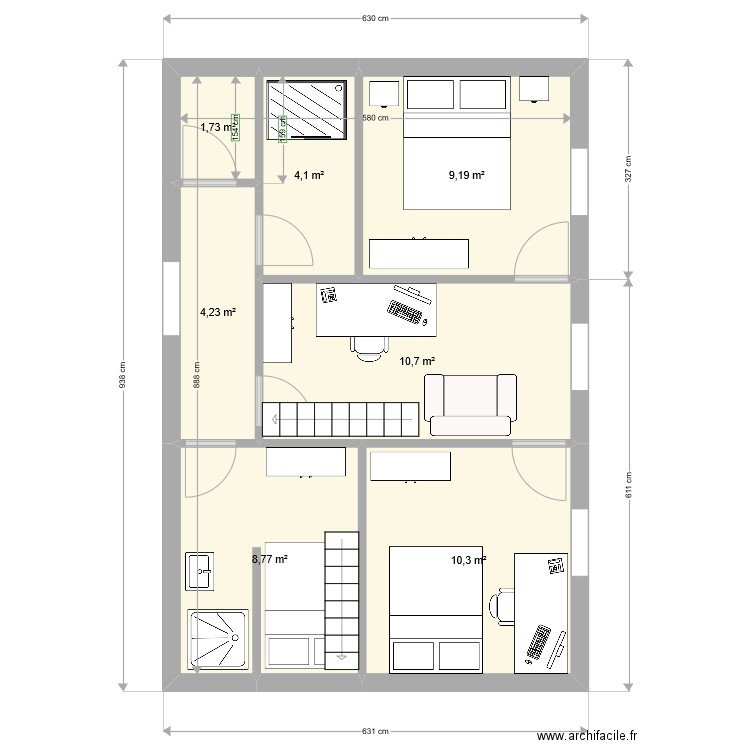 Montpellier 1er etage. V1. Plan de 7 pièces et 49 m2