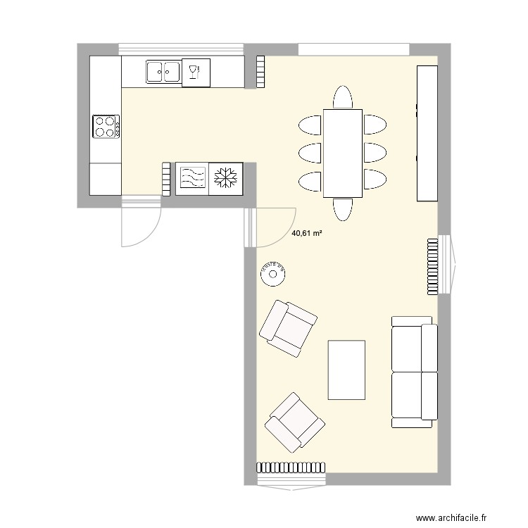 Cuisine Salon 114 v2. Plan de 1 pièce et 41 m2