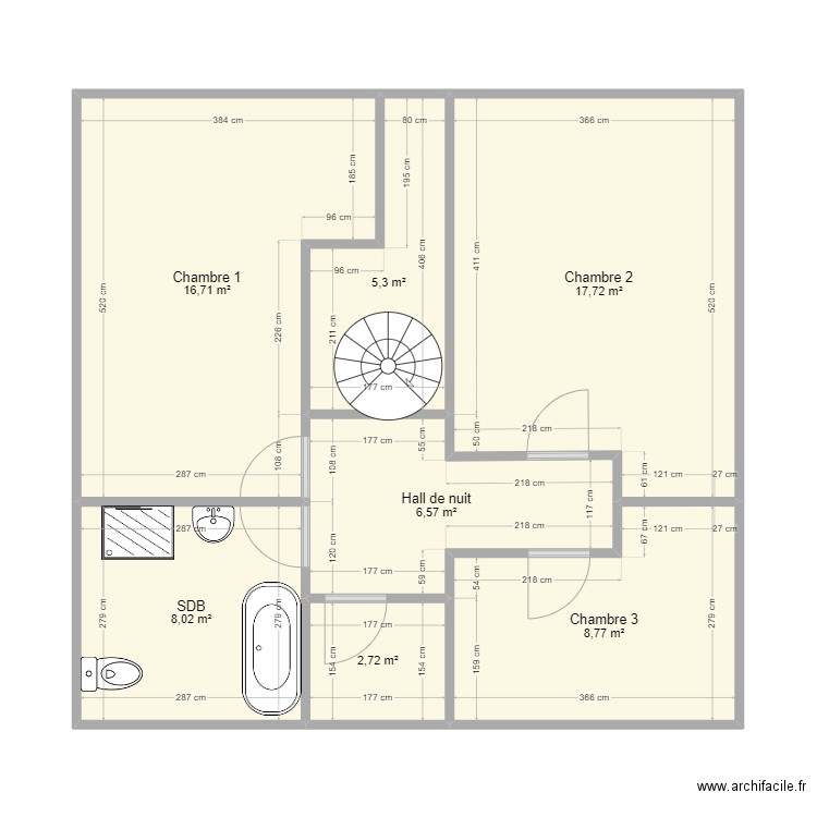 étage haut des tawes. Plan de 7 pièces et 66 m2