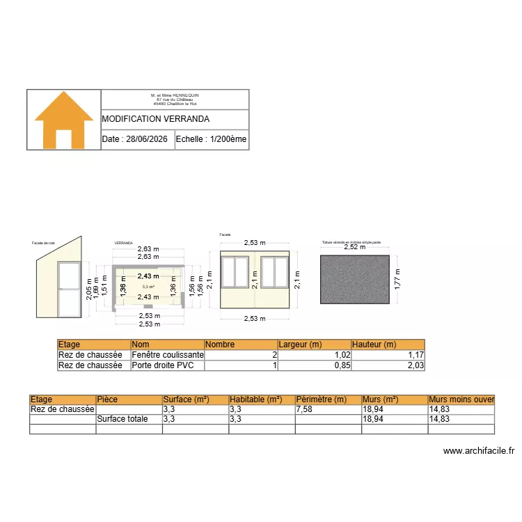 VERRANDA6. Plan de 1  et 3 m²