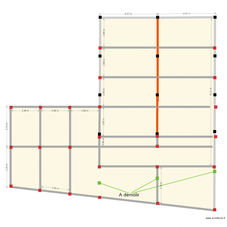 emplacement colonnes trapeze. Plan de 10 pièces et 281 m2