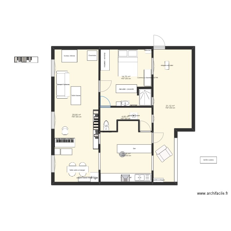 trezeny toilettes condamnés. Plan de 5 pièces et 85 m2