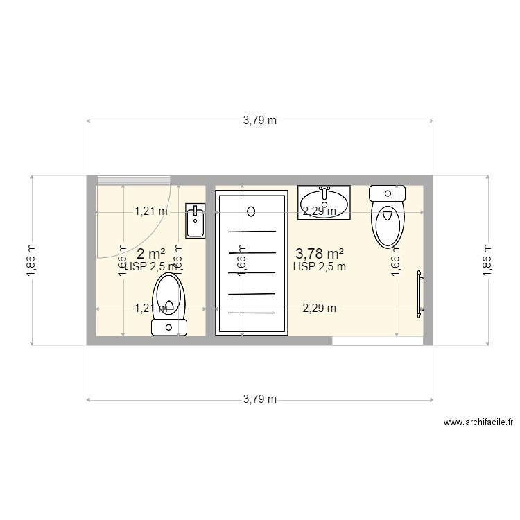 WC ind + SdB parentale. Plan de 2 pièces et 6 m2