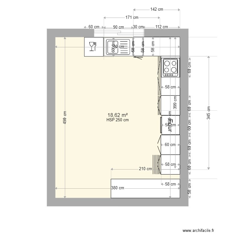 CuisinComb. Plan de 1 pièce et 19 m2