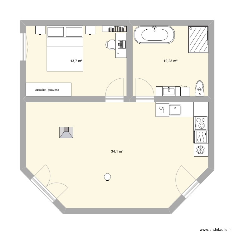 jeu. Plan de 3 pièces et 58 m2