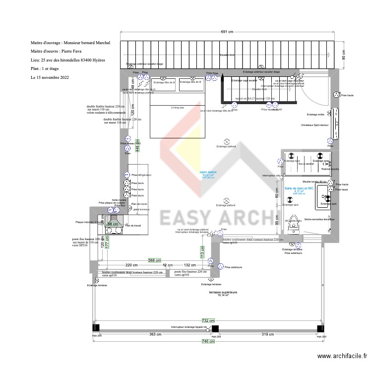 Plan Marchal 1 er etage. Plan de 3 pièces et 54 m2