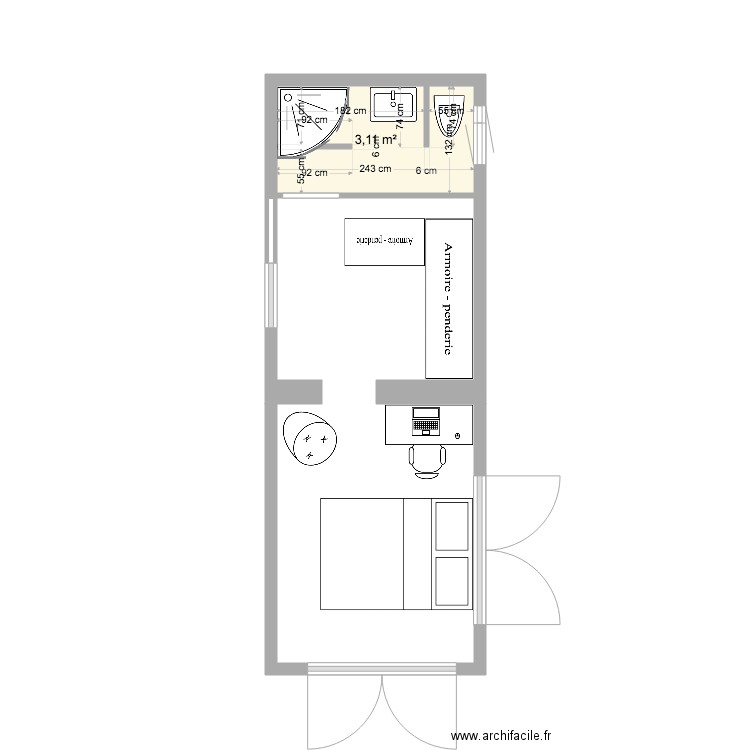 yoni5. Plan de 1 pièce et 3 m2