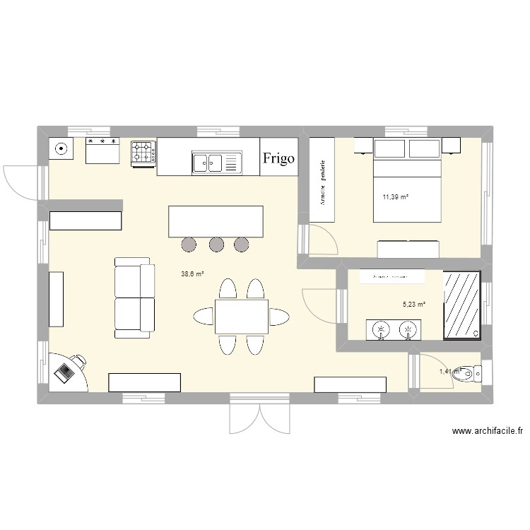 Maison F2. Plan de 4 pièces et 57 m2