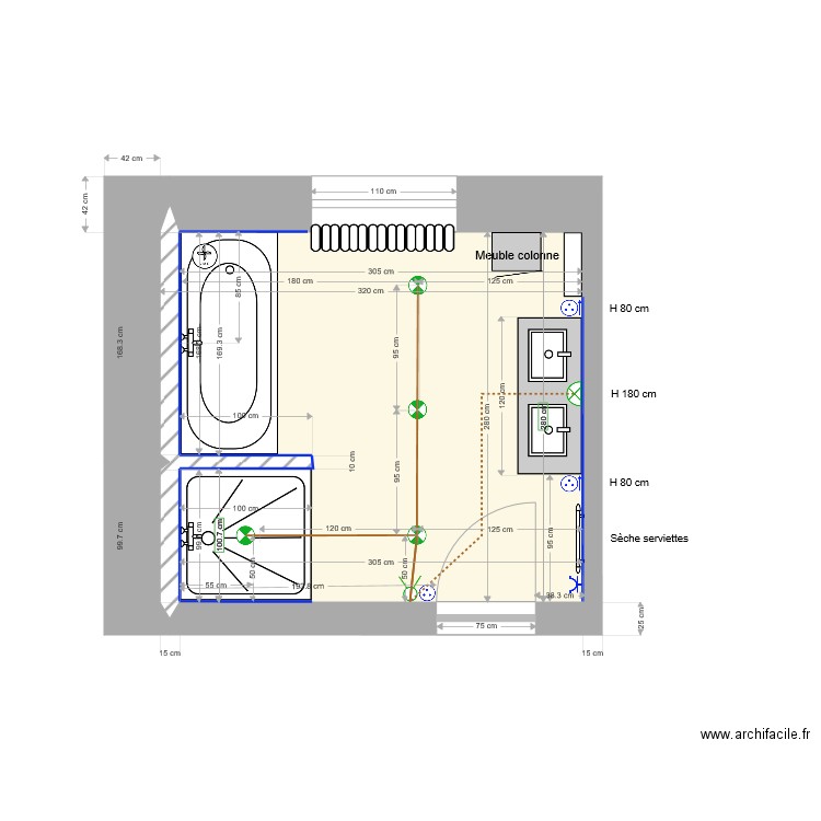 Salle de bain R1 avec receveur 100 par 100. Plan de 0 pièce et 0 m2