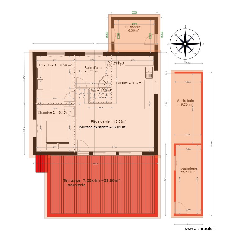 Existant  et terrasse    chalet 53. Plan de 6 pièces et 61 m2