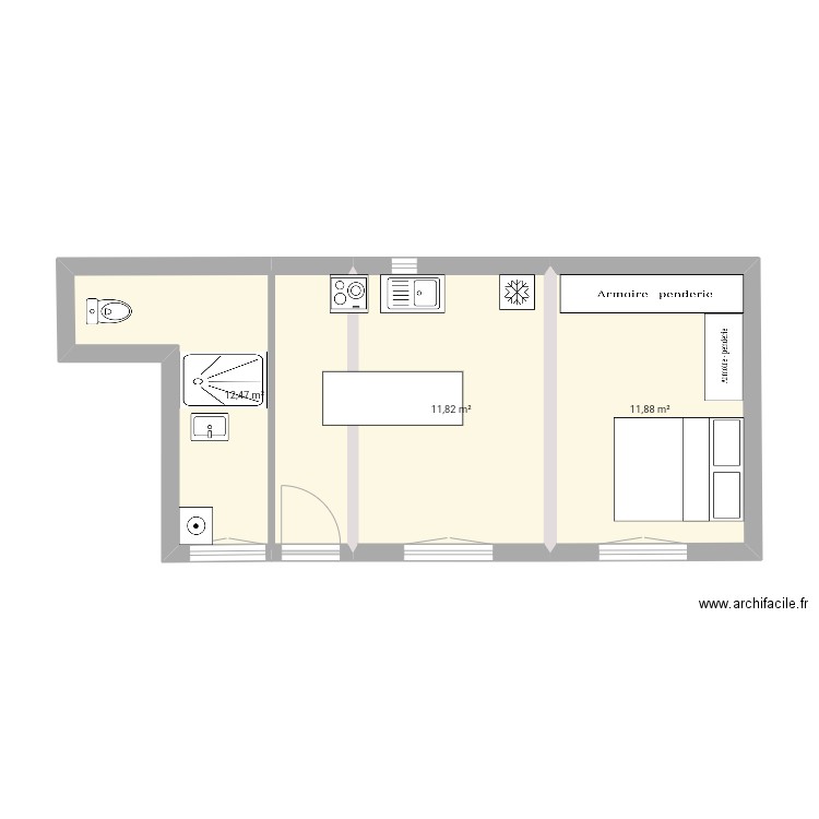 Gîte plan base 4. Plan de 3 pièces et 36 m2