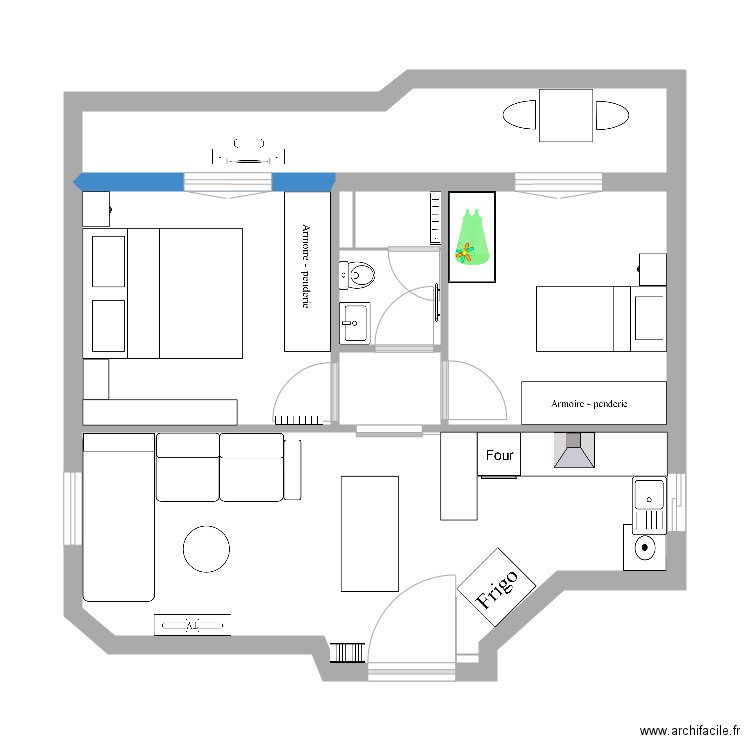 appartement 60m2. Plan de 9 pièces et 54 m2