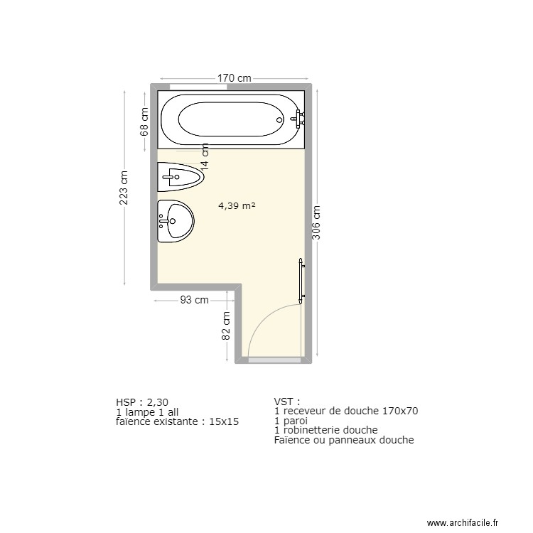 NOVELLI EXISTANT SDB. Plan de 1 pièce et 4 m2