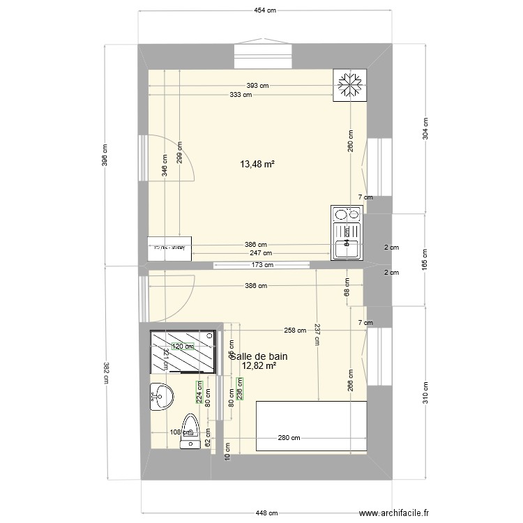 Studio, nouveau plan ok avec salle de bain et cuisine meuble. Plan de 2 pièces et 26 m2