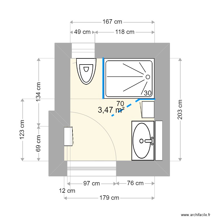 SDB Maëlys 1B. Plan de 1 pièce et 3 m2