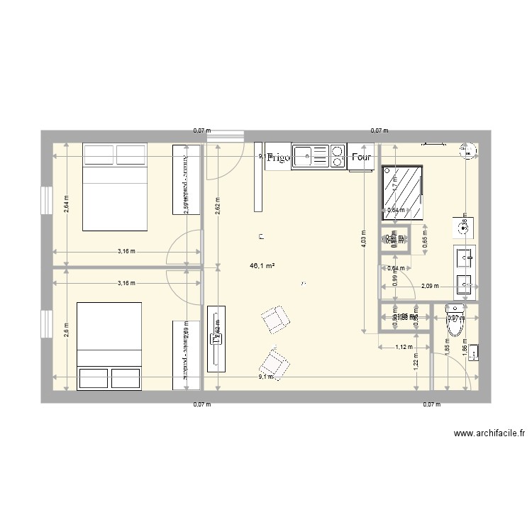 cozes 50m etage. Plan de 3 pièces et 47 m2