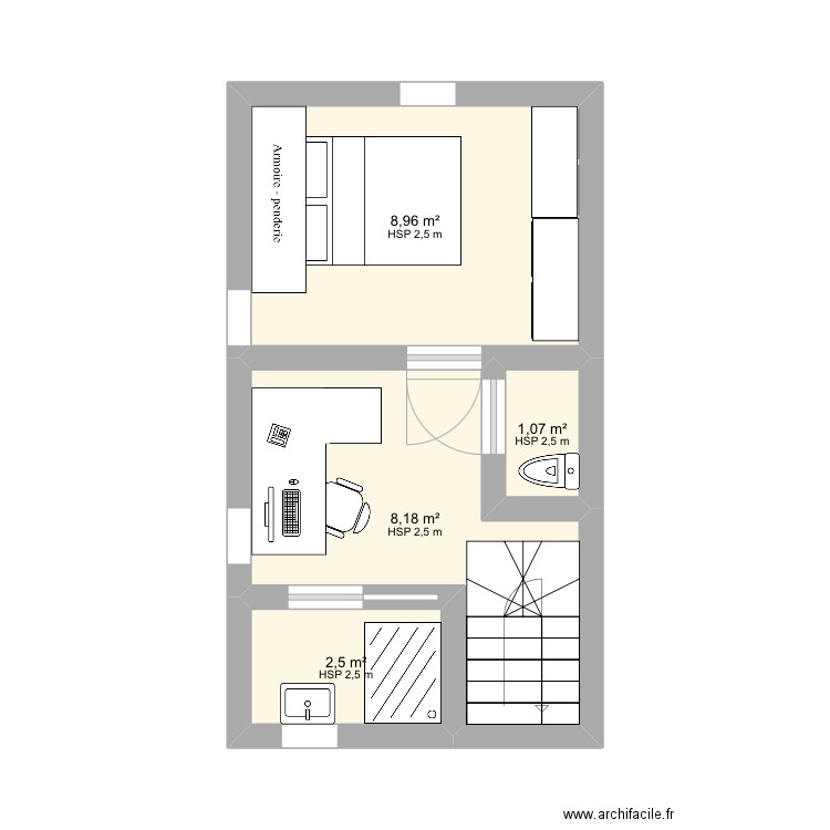 Étage chambre. Plan de 4 pièces et 21 m2