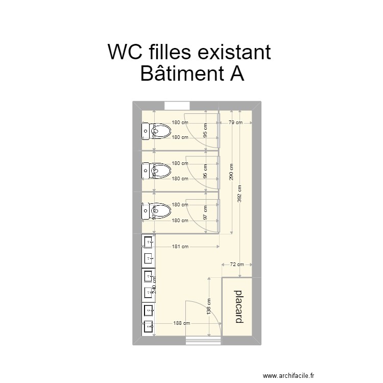 wc bat A filles  existant . Plan de 5 pièces et 14 m2