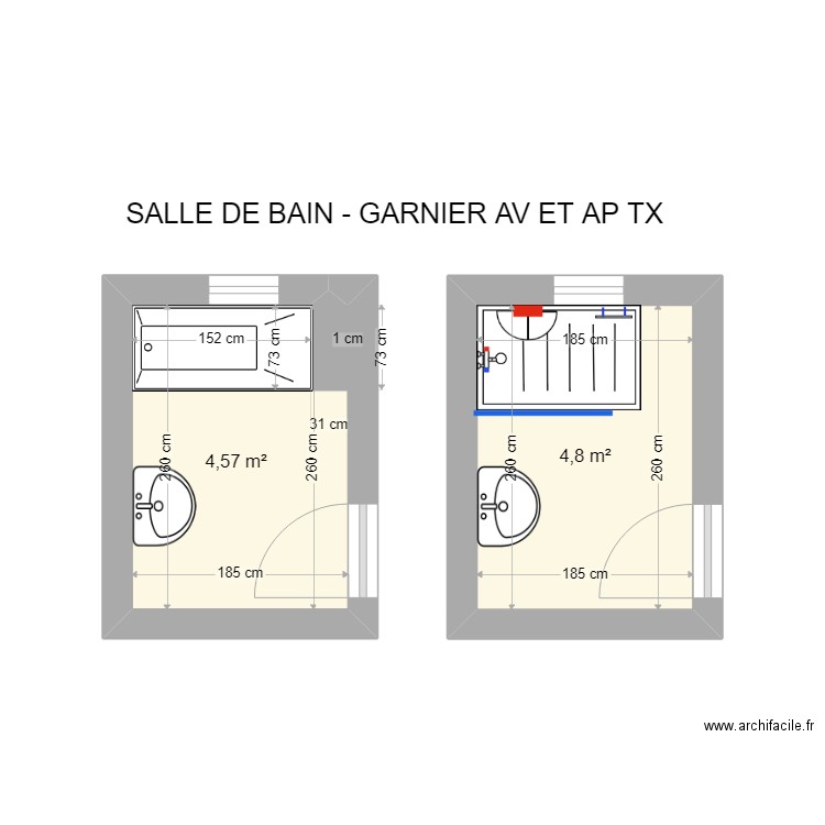 garnier sdb. Plan de 2 pièces et 9 m2