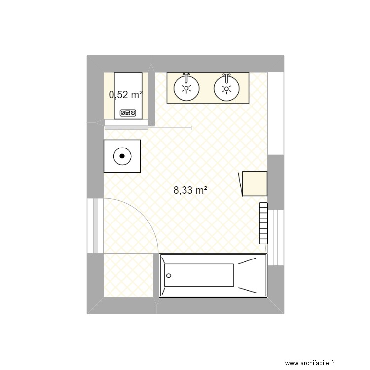 grande salle de bain. Plan de 2 pièces et 9 m2